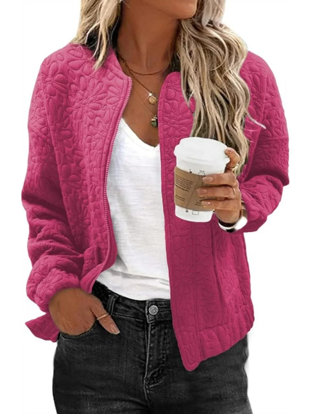 Women's Rose Red Lightweight Stand Collar Long Sleeve Outerwear Bomber Jacket